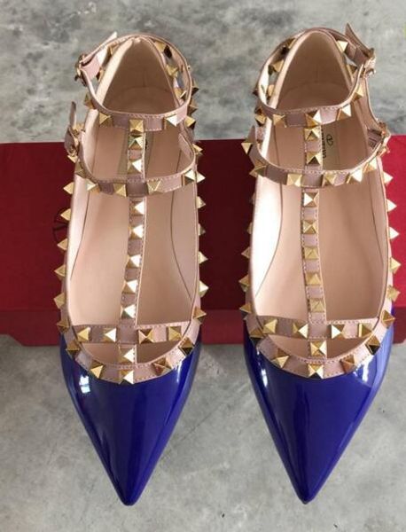 

2019genuine leather strap studded women flats shoes pointed toe ankle wrap rivets sandals patent leather flats shoes ladies 2019 new arrival, Black