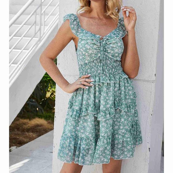 

ruffled summer dress broken bouquet waist holiday dress, White
