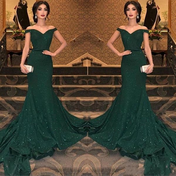 

2019 arabic dark green sequined mermaid evening dresses off the shoulder ruched floor length evening prom gowns party dress bc0792, Black;red