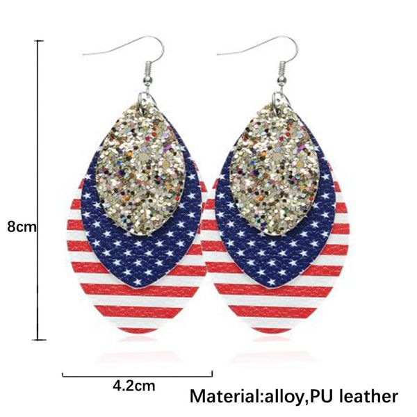 

три слоя поддельного leahter серьга для женщин веретенообразной блестки американского флага полоса шаблон серьга падение волновой точка деву, Silver