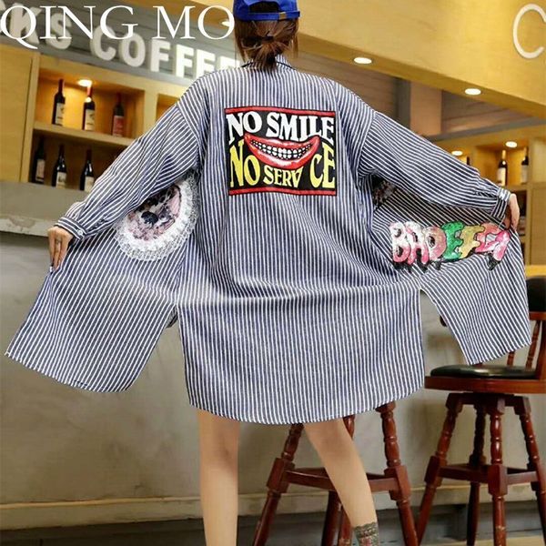 

qing mo blue stripe shirt dress women long sleeve blouse spring sequins shirt dress women print long blouse casual qf663, White