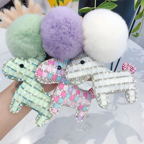 

cute handmade rhinestone horse pompom ball keychain crystal leather animal faux fur key chain tassel car keyring bag pendant, Silver