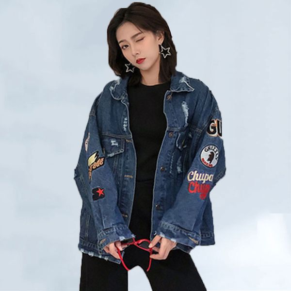 

lady patch denim jacket with letter embroidery women bf style punk long sleeve loose streetwear jeans jackets coat plus size 118, Black;brown