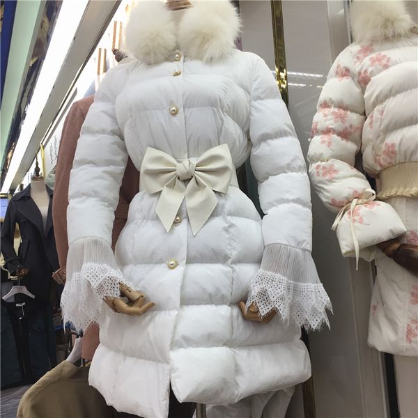 

2019 winter long parka women new real fur collar bow waist mid-length lace ruffle cotton clothes jacket women's wonter coat, Black