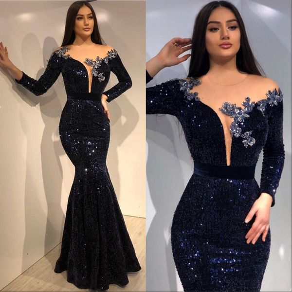 

2020 plus size navy blue sequin arabic african prom dresses long sleeves mermaid muslim evening gowns, Black