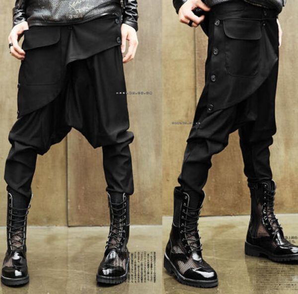 

men stylish hairdresser goth pants big fork crotch hip-hop casual harem pants, Black
