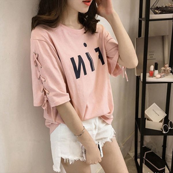 

loose large size women's round t- shoulder strap clothes collar short sleeve t-shirt straps base shirt student girlfriends clothes, White