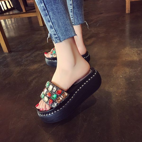 

slippers female summer outer wear fashion korean-style man-made diamond muffin thick bottomed sandals 2019 new style high-heel f, Black
