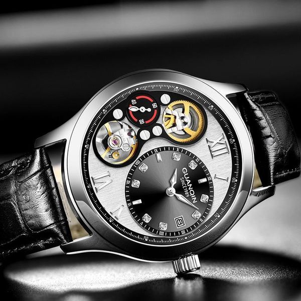 

guanqin 2018 watch men new mechanical brand luxury clock men automatic waterproof skeleton double movement relogio masculino, Slivery;brown