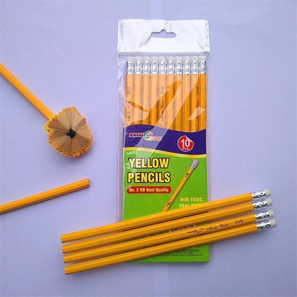 

10pcs/lot yellow wooden handle hb pencils ordinary pencil student writing drawing sketch pencil with eraser school supplies