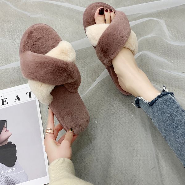 

flat shoes female slippers casual low slides fur flip flops winter footwear flock luxury soft massage plush rubber rome concise, Black
