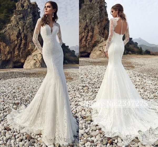 Ucuz Modern Dantel Uzun Kollu Mermaid Gelinlik Yaz Plaj Bahçe Bohemian Gelinlik Gelinlikler Robes de Mariée Sirène Boho