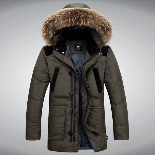 

winter down parkas warm fur collar medium length down coat men thick overcoat white duck outerwear men comfortable parkas, Black