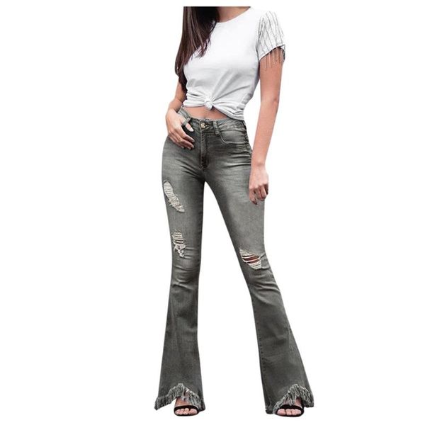 

women denim flare pants retro hole ripped jeans wide leg bottom trousers lady bell-bottoms high waist flare pant female @c18, Blue