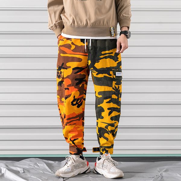 

orange camouflage pants men sweatpants gray camo splice pants trousers cargo pant streetwear hip hop harem jogger, Black