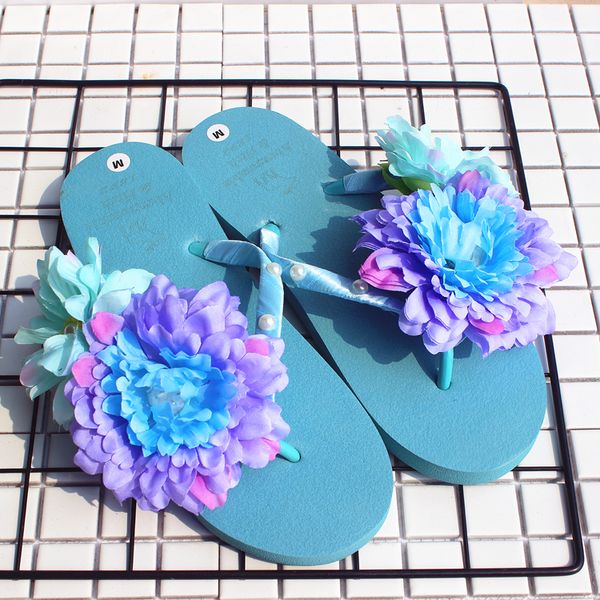 

summer women's sandals blue flower herringbone beach slippers bohemian flip flat slippers slope shoes, Black