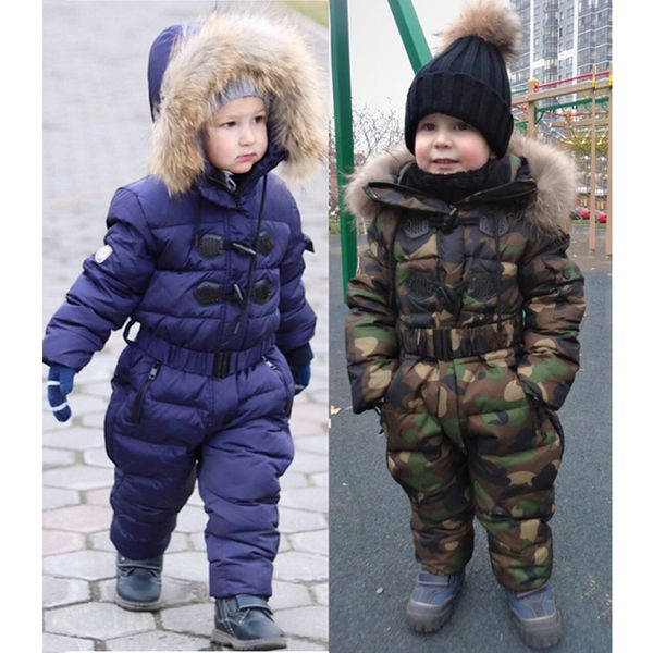 

kids clothes camouflage snowsuit rompers autumn winter baby girl boy clothes russia -30 hooded jumpsuits down jacket for girls, Blue;gray