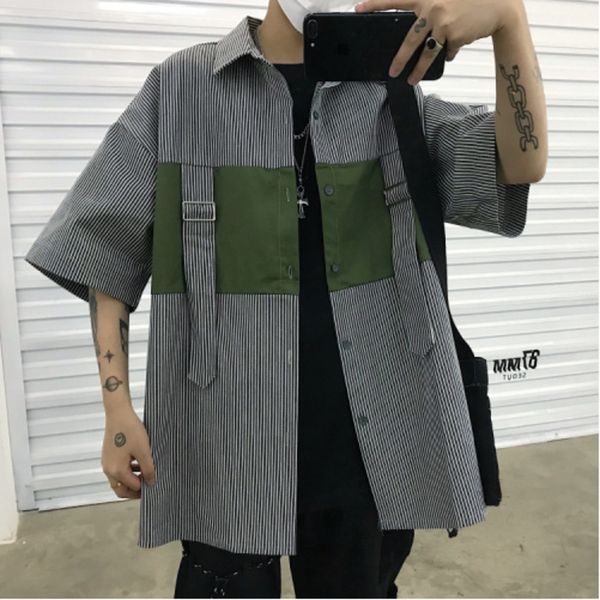 

2019 spring new personality hit color stitching buckle stripe short sleeve wild tooling student loose casual shirt -xl, White;black