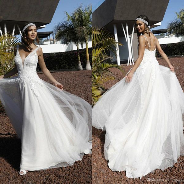 

white v-neck wedding dresses a-line sleeveless lace appliqued bohemia bridal gowns custom made beach vestidos de soiree