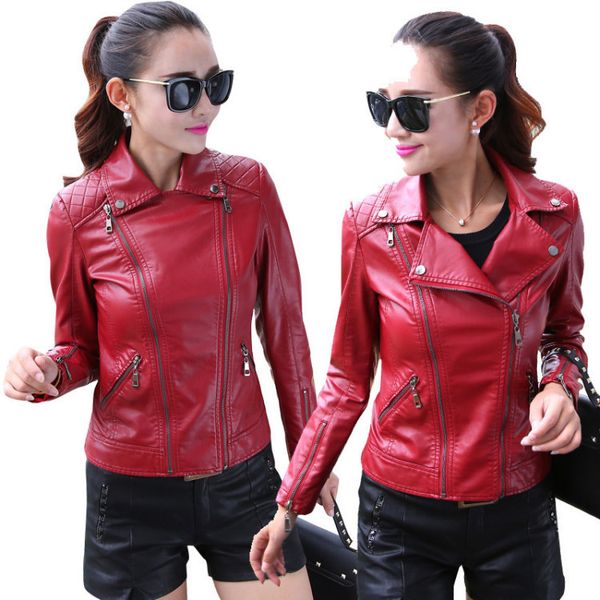 

2019 suit collar ladies leather motorcycle jacket pu leather women, Black