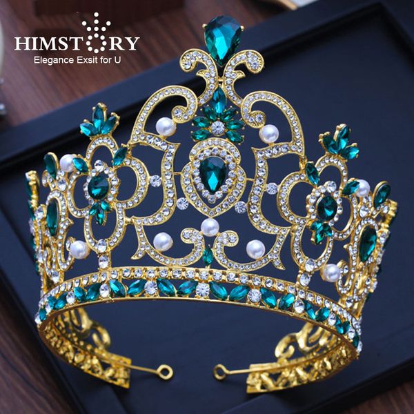 

himstory big size green tiaras crowns engagement wedding hairbands queen bridal hair accessories luxury pageant hair jewelry, Golden;white