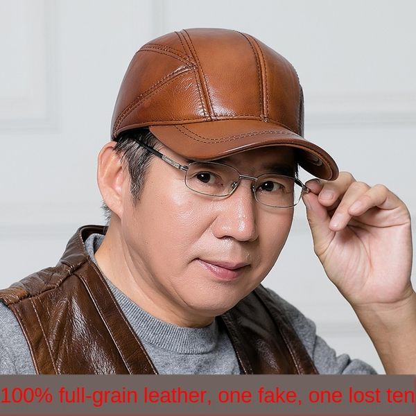 

wsnak real male middle-aged and elderly people layer leather hat baseball leather hat cowhide casual dome duck tongue ear protector adju, Blue;gray