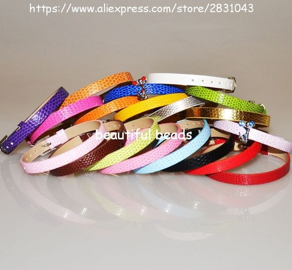 

wholesale 100pcs diy accessories fit 8mm slide charms snake pu leather wristband mix color 8mm wide 210mm length, Golden;silver