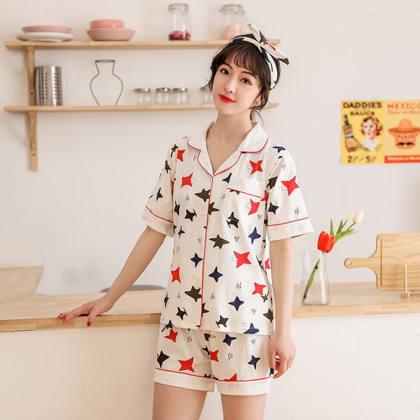

new pyjamas women summer cotton short sleeve shorts pajamas korean 2-piece housewear geometric printing pijama mujer pj set, Black;red