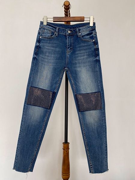 

2020 ранняя весна новый женский симметричный карман колено цвет соответствия патч украшения дикий деним повседневные брюки 317, Blue