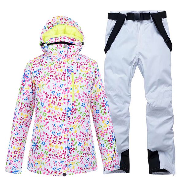 

white women skiing suit sets snowboarding clothes waterproof windproof winter costumes jackets + strap pants snow wear