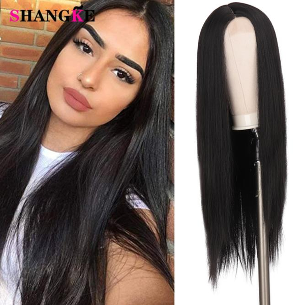 

shangke long straight black wig synthetic wigs natural middle part lace wig natural looking for women african american