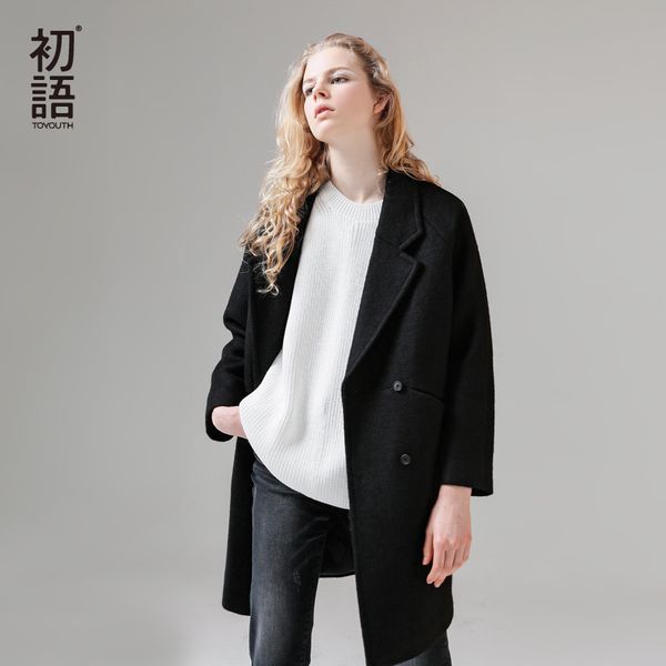 

toyouth loose double breasted solid long woolen coat for women autumn winter female coat casaco feminino, Black