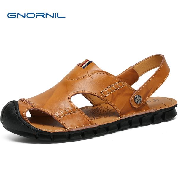 

gnornil 2020 fashion men shoes summer cow leather men sandals mens casual shoes non-slip rubber sole beach size38-44, Black