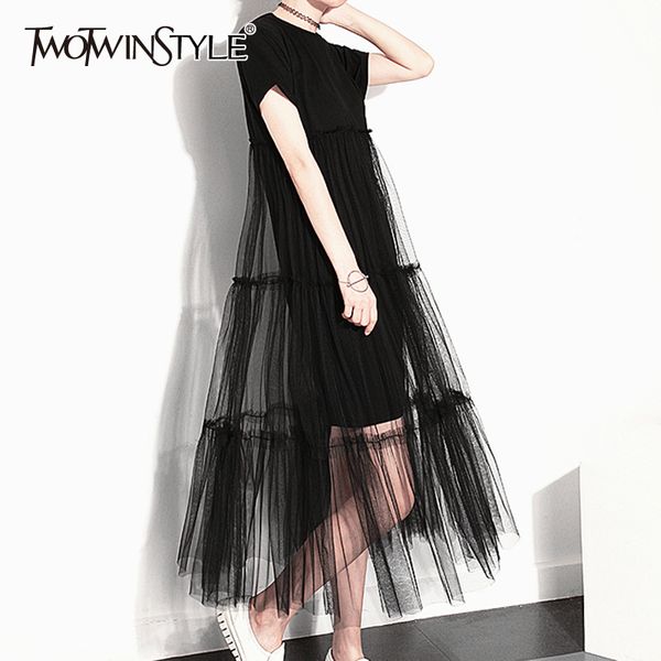 

twotwinstyle casual patchwork mesh women dress o neck short sleeve high waist ruched elegant dresses for female fashion clothing, Black;gray