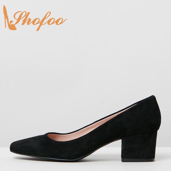 

shofoo 2019 черный квадратный носок насосы женщина супер высокие коренастый каблуки скольжения на офис дамы обувь большой размер 13 14 мода, Black