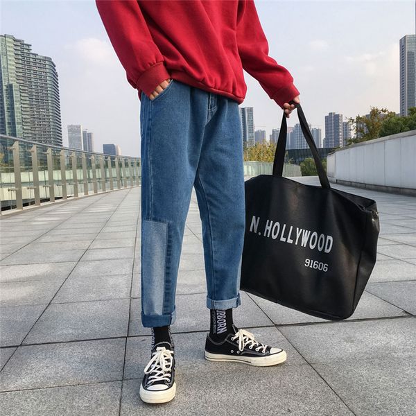 

uyuk original jeans men patchwork blue jeans korean style casual pants youth popular cotton straight trousers drop shipping