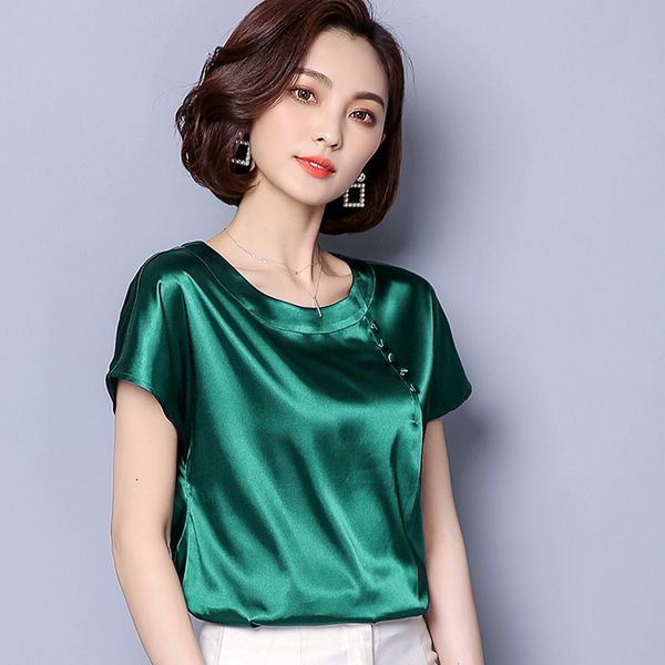 

elegant ladies blouse office work satin silk brief solid color women plus size o neck short sleeve buttons blusas aq454, White