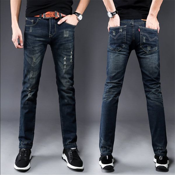 

весна и осень джинсы мужские тонкие мужские повседневные модные брюки тренд прямая дыра джинсовые брюки мужчины демин джинсы gtd, Blue