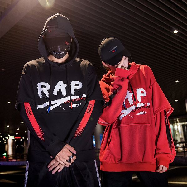 

ins super popular chic hip-hop loose fake two pcs long-sleeved men's hipster street dance bottoming shirt hooded sweatshirt, Black