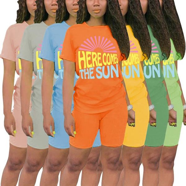 

женская мода two piece set мультфильм письмо печати спорт установить шею с коротким рукавом футболки тощий короткие штаны 2шт наборы, White