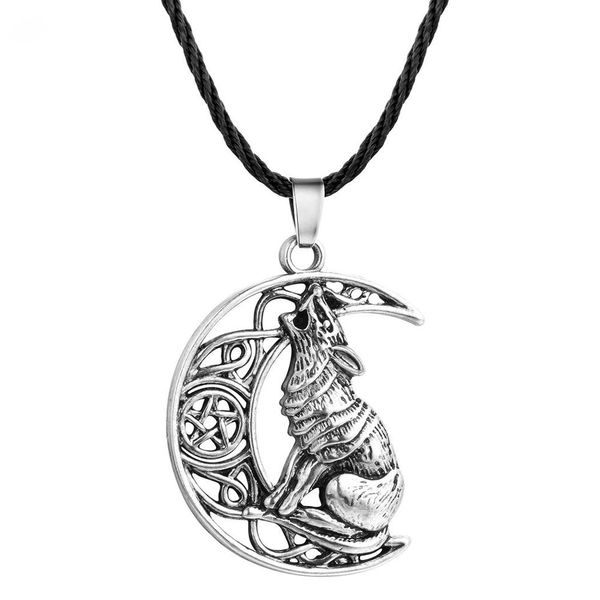 

cresent moon and wolf amulet with pentagram pentacle wicca pagan talisman pendant necklace, Silver