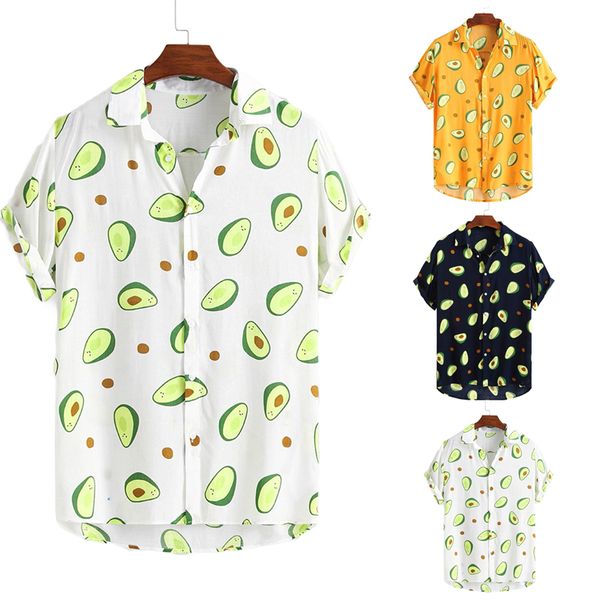 

2020 summer fashion men hawaiian short sleeve shirt breathable male casual avocado printed buttons down holiday loose soft, White;black