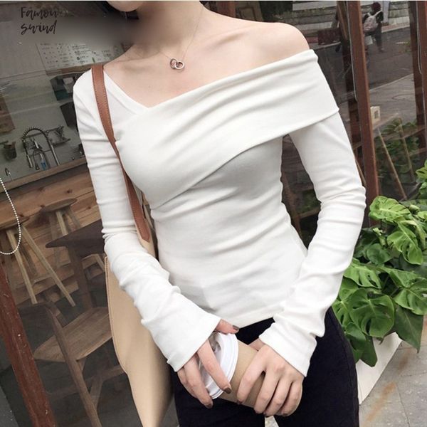 

shirts casual off shoulder t petal sleeve women slim long sleeve korean black female autumn irregular fashion, White