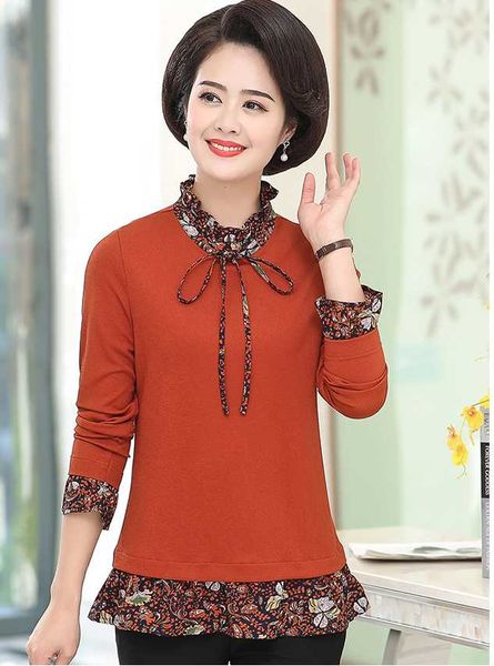 

middle-aged women's spring & tees fake two-piece t shirt women fashion plus size pullover t385, White