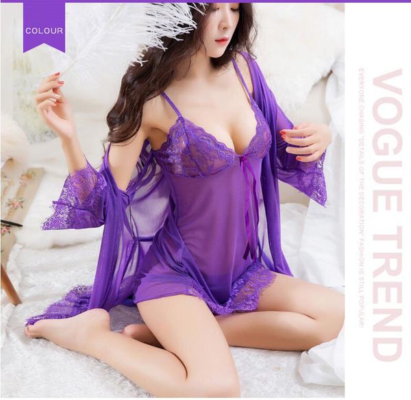 

new lace pajamas robe + sling + thong + belt, underwear perspective wear ladies mesh sling nightdress, Black;red