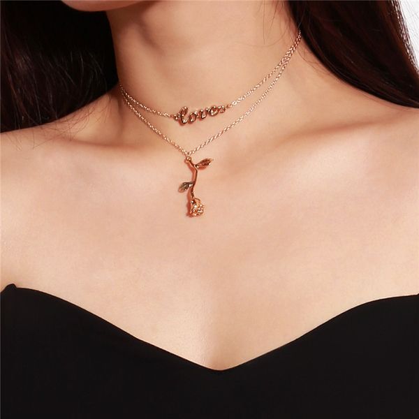 

women anniversary romantic necklace gold love n rose flower necklace jewelry metal sanke chain pendant jewellery party, Silver