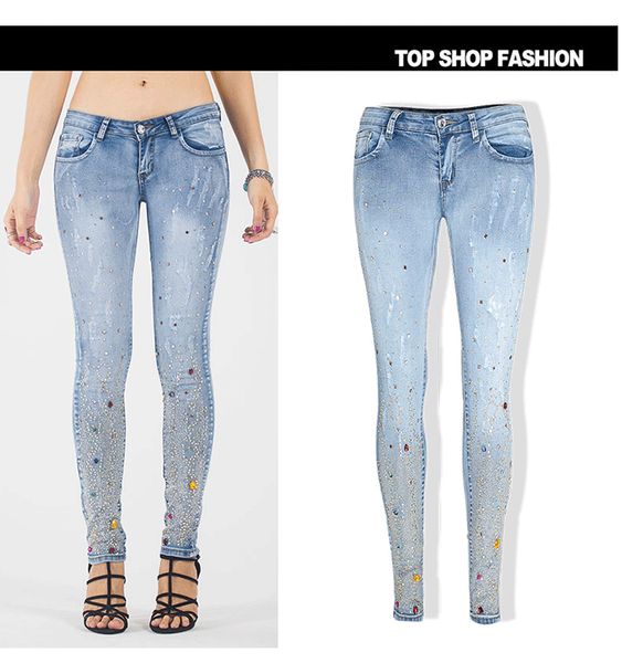 

fashion women diamond drilled jeans female skinny pencil pants long blue jeans with rhinestone plus size