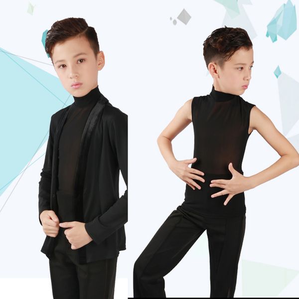 

boys ballroom latin dance children's standard rumba cha cha latino dancing clothes vest jacket 2 pieces set dwy1131, Black;red