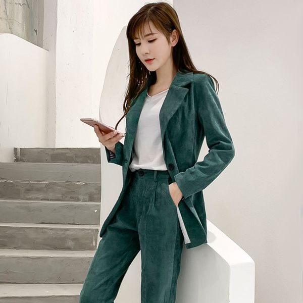 

retro corduroy suit suit women's fashion slim single-breasted small high waist pencil pants solid color two-piece tb190213, White;black