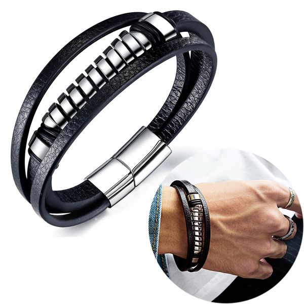 

multi-layer pu leather charm bracelets men stainless steel jewelry fashion cuff bangle wristlet bracelet costume accessories birthday gift, Golden;silver